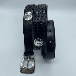 Black Genuine Leather Belt Men's Size 38 Woven Braided w/ Golf Emblems Vintage